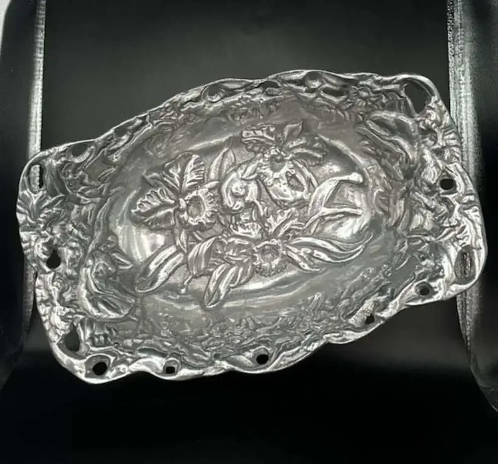 Vintage Peltrina Peltre Pewter Oval Floral Serving Bowl with Pierced Handles